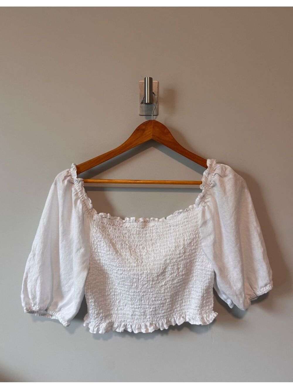 Boden | Arden White Linen Smocked Crop Top Sz 12 Puff Sleeve Square Neck Cottage